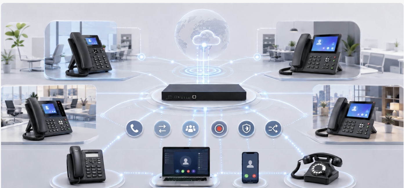 Voice telephony and extension networking illustration