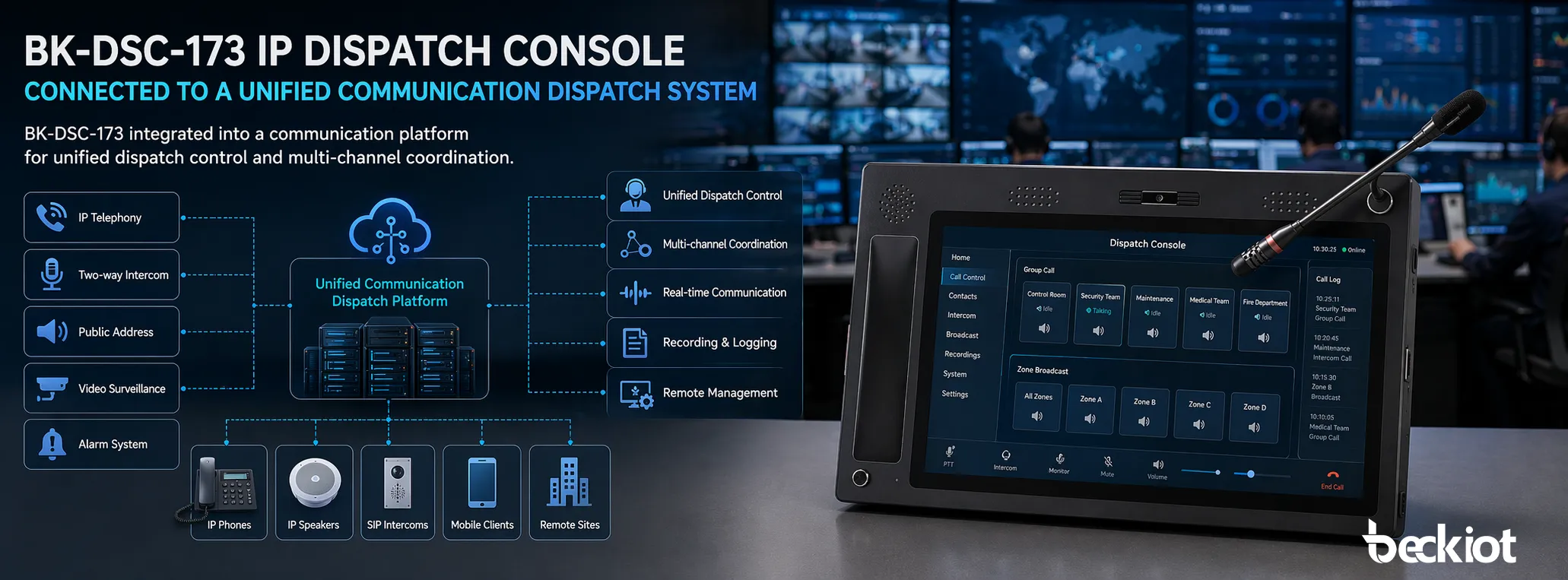 BK‑DSC‑173 IP Dispatch Console used in a modern control room environment